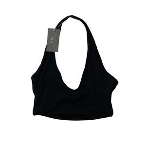 Klassy Network Halter Top Womens L Large Black Brami V Neck Stretch Cropped